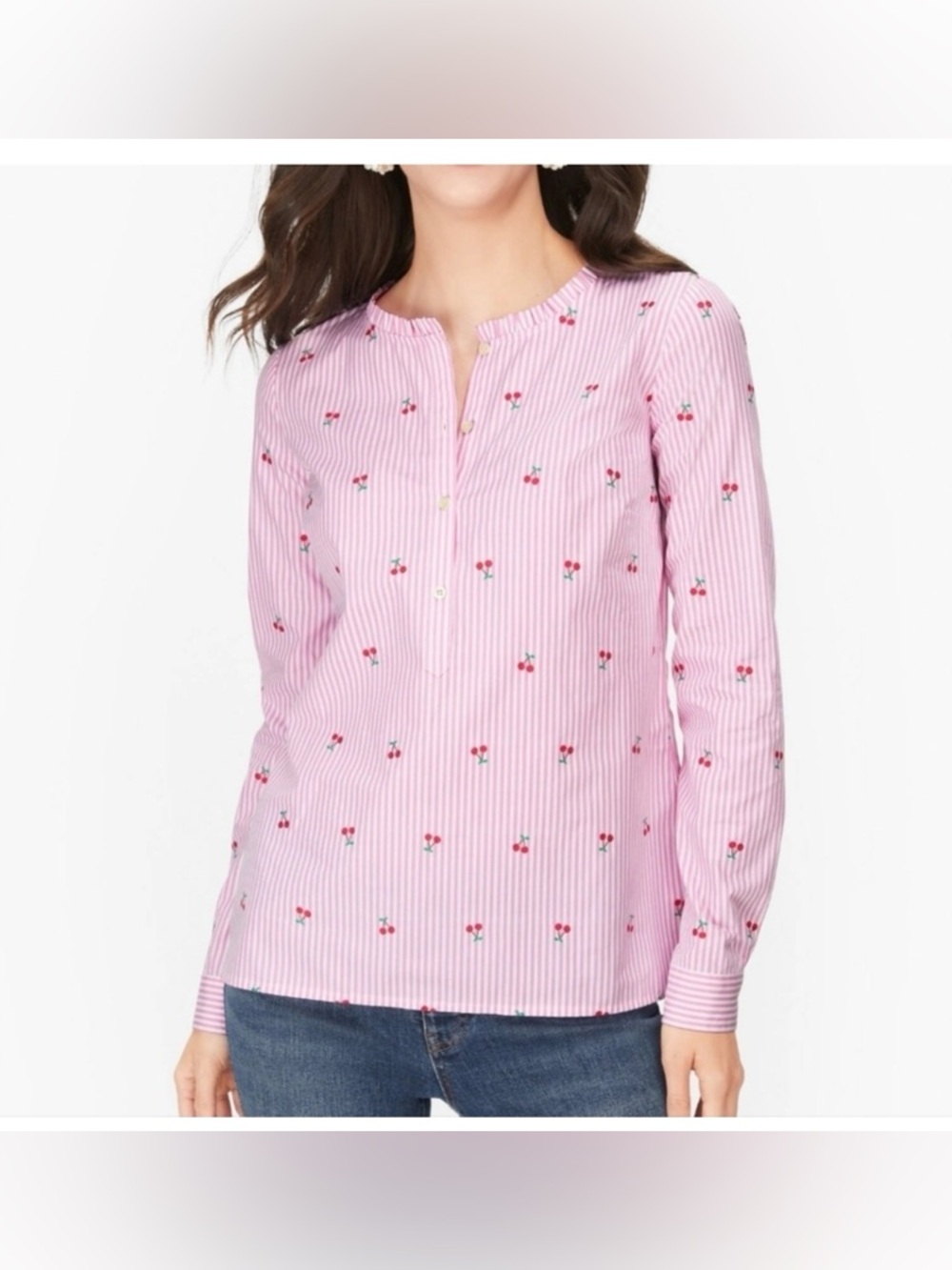 Charming Talbots Cotton Pink Striped Cherry Long-Sleeve Popover Button Top Sz XL